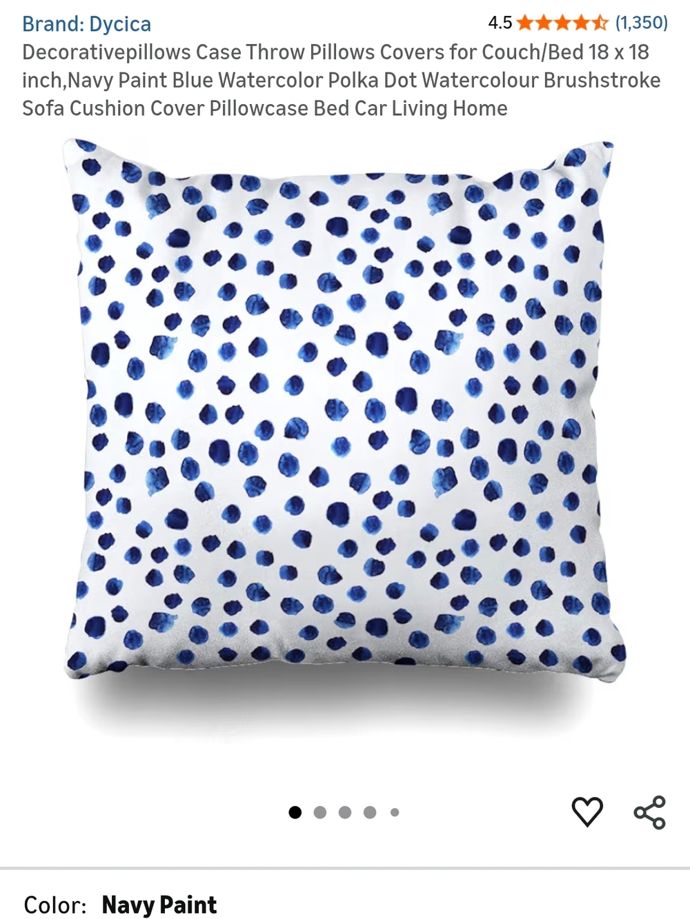 Dycica Navy Blue Watercolor Polka Dot Throw Pillow Cover